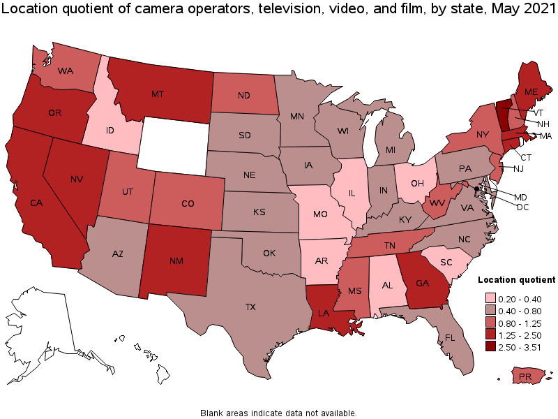 Map of location quotient of camera operators, television, video, and film by state, May 2021