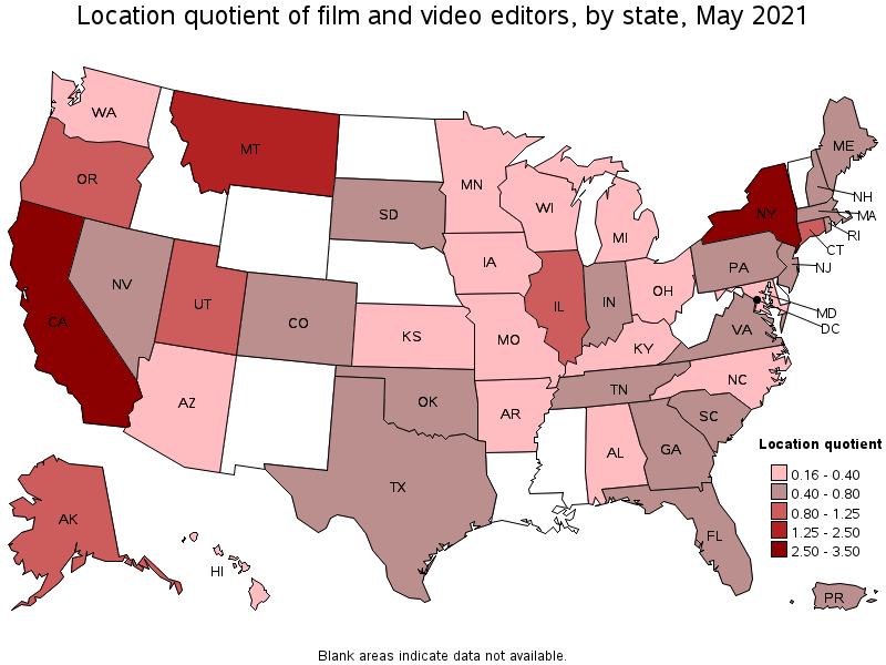 Map of location quotient of film and video editors by state, May 2021
