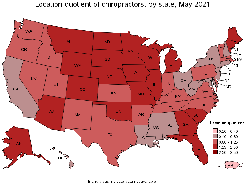 Map of location quotient of chiropractors by state, May 2021