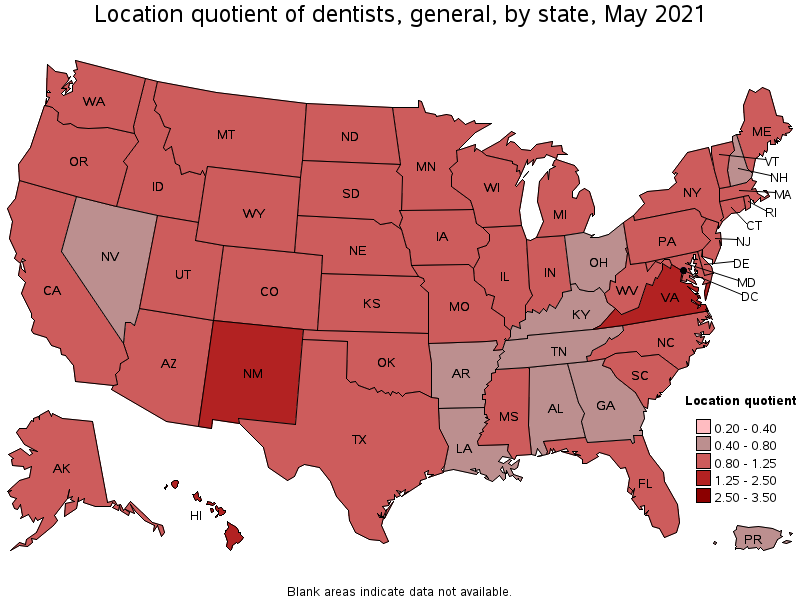 Map of location quotient of dentists, general by state, May 2021