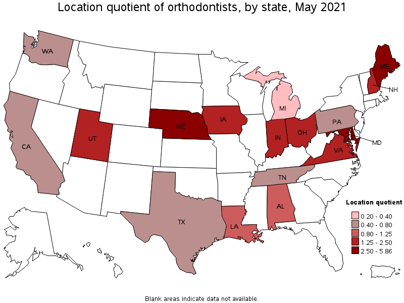 Map of location quotient of orthodontists by state, May 2021