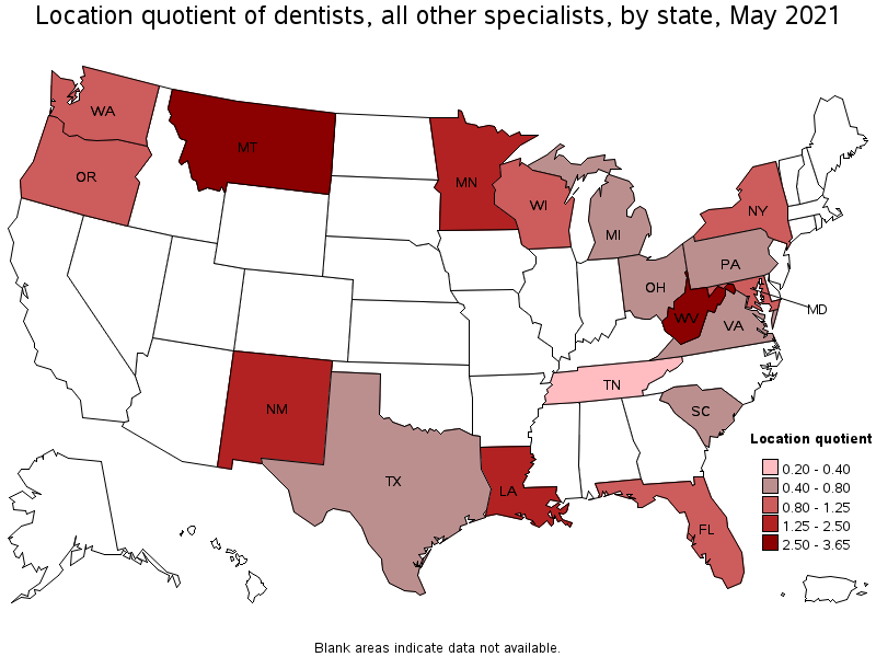 Map of location quotient of dentists, all other specialists by state, May 2021
