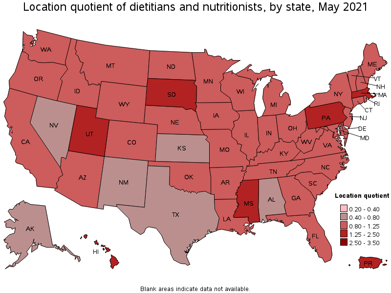 Map of location quotient of dietitians and nutritionists by state, May 2021
