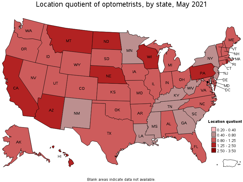 Map of location quotient of optometrists by state, May 2021