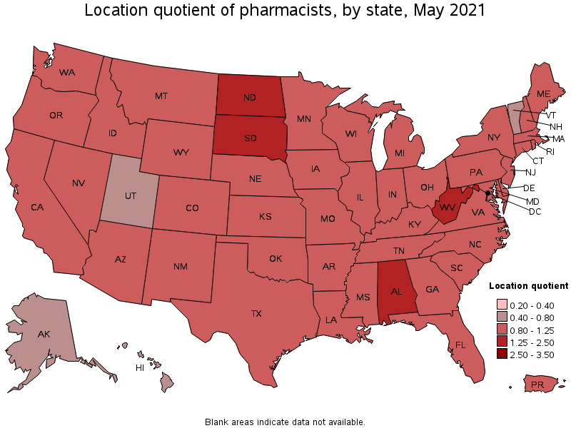 Map of location quotient of pharmacists by state, May 2021