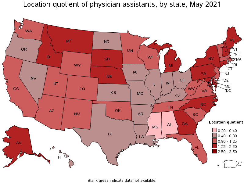 Map of location quotient of physician assistants by state, May 2021