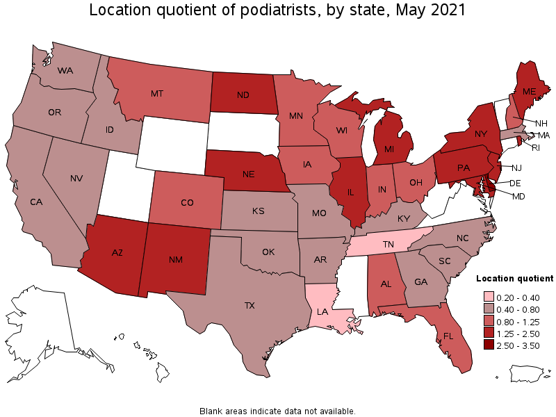 Map of location quotient of podiatrists by state, May 2021