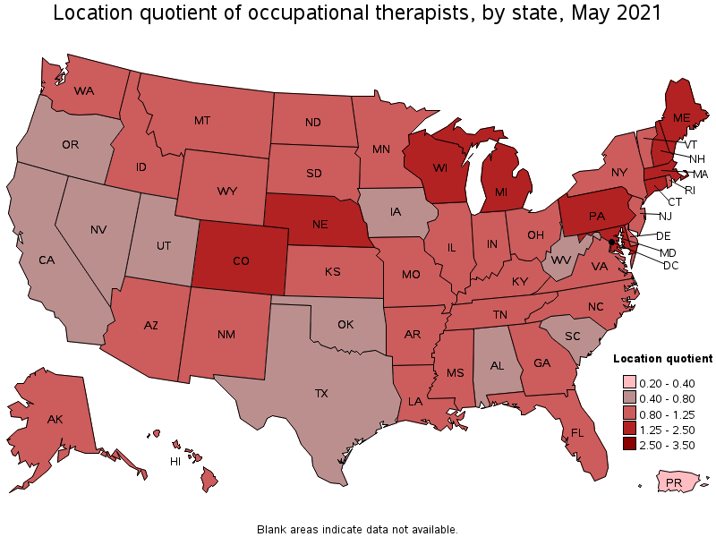 Map of location quotient of occupational therapists by state, May 2021