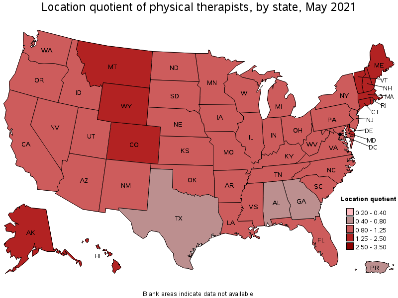 Map of location quotient of physical therapists by state, May 2021