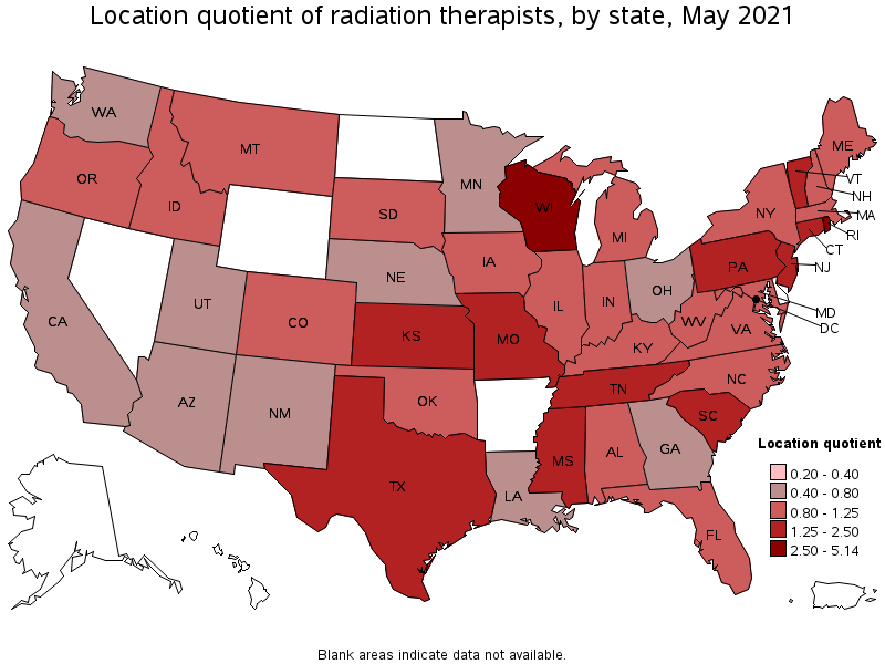Map of location quotient of radiation therapists by state, May 2021