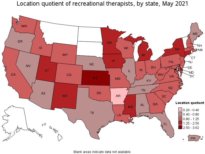 Map of location quotient of recreational therapists by state, May 2021