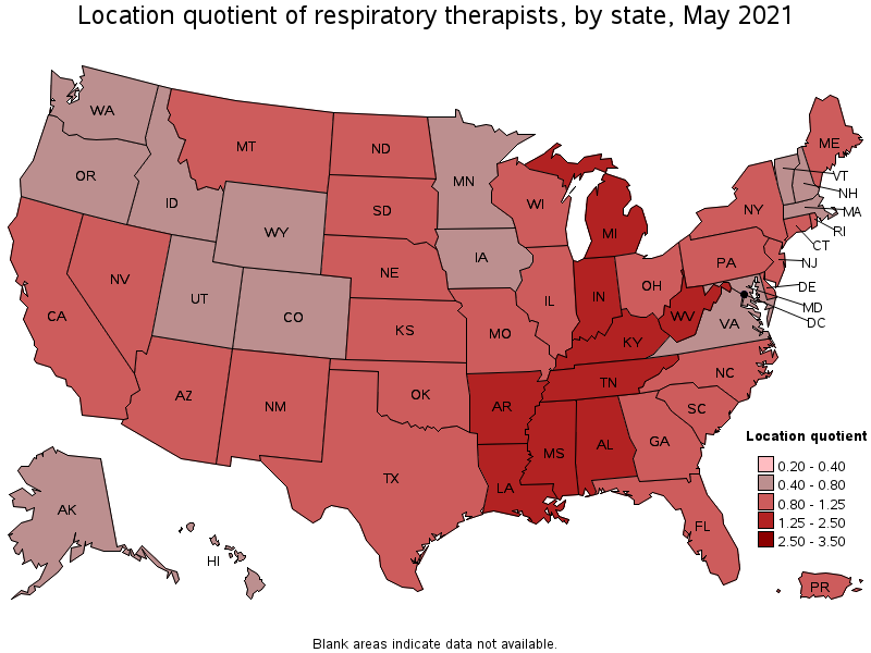 Map of location quotient of respiratory therapists by state, May 2021