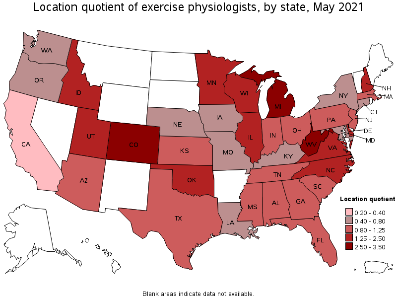 Map of location quotient of exercise physiologists by state, May 2021