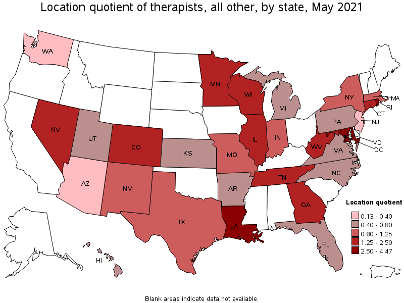 Map of location quotient of therapists, all other by state, May 2021