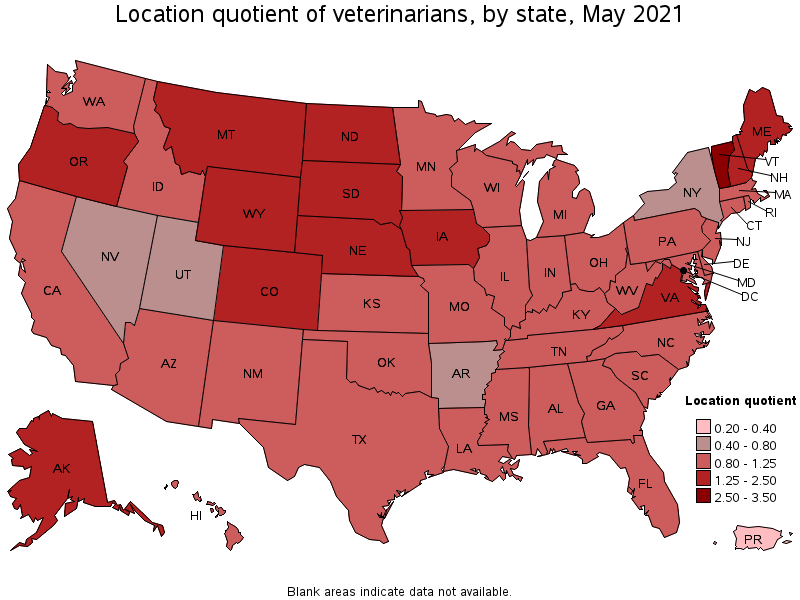 Map of location quotient of veterinarians by state, May 2021