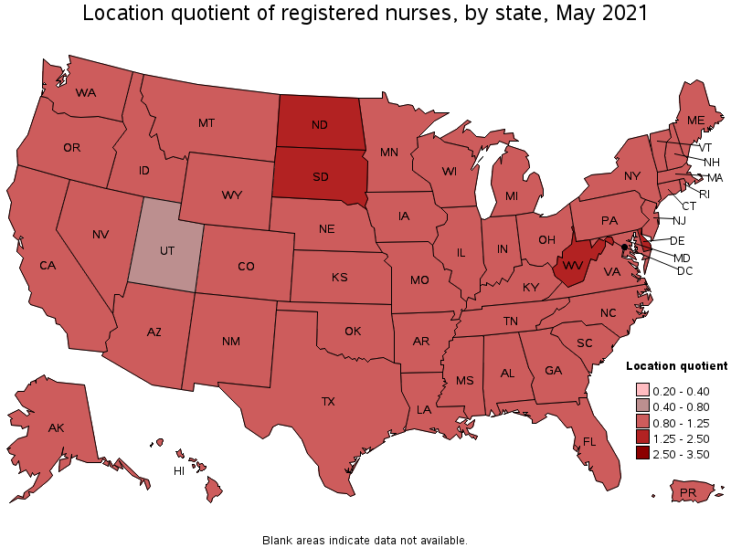 Map of location quotient of registered nurses by state, May 2021