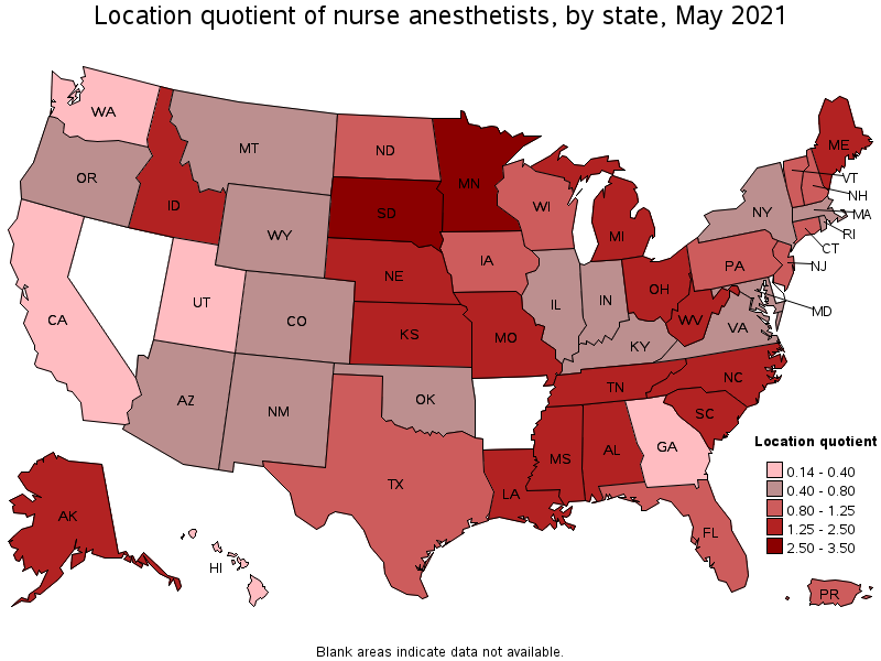 Map of location quotient of nurse anesthetists by state, May 2021