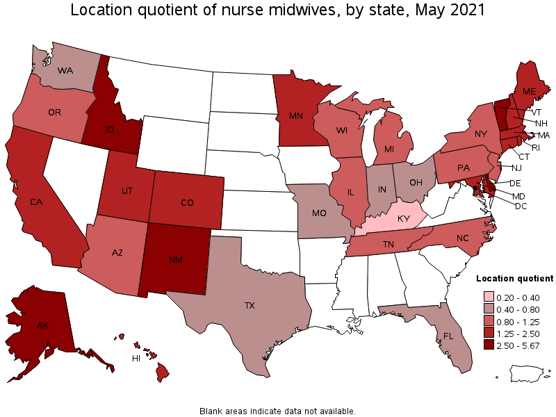 Map of location quotient of nurse midwives by state, May 2021