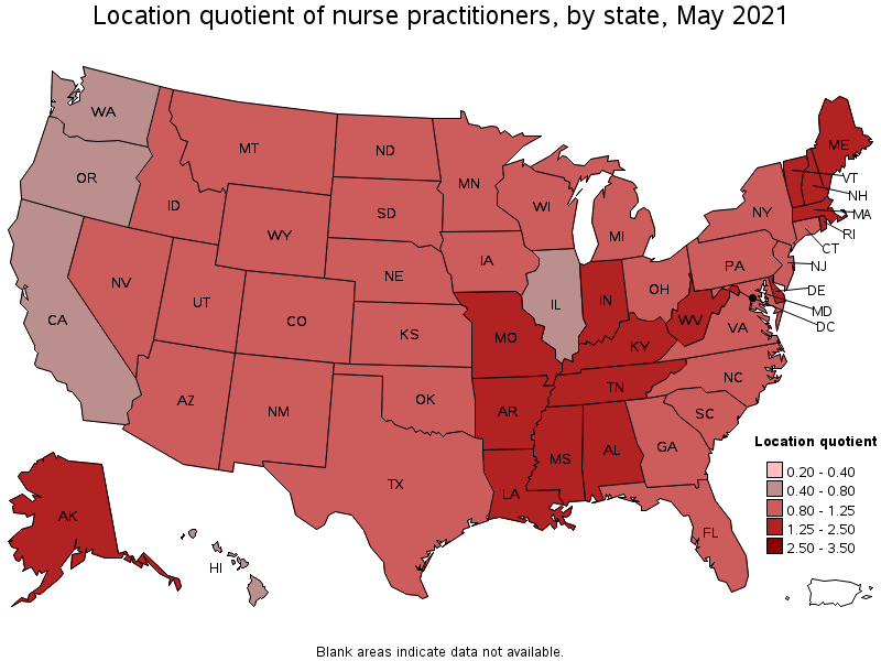 Map of location quotient of nurse practitioners by state, May 2021