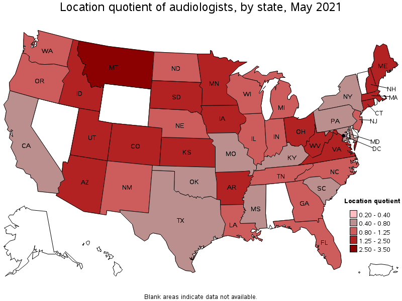 Map of location quotient of audiologists by state, May 2021