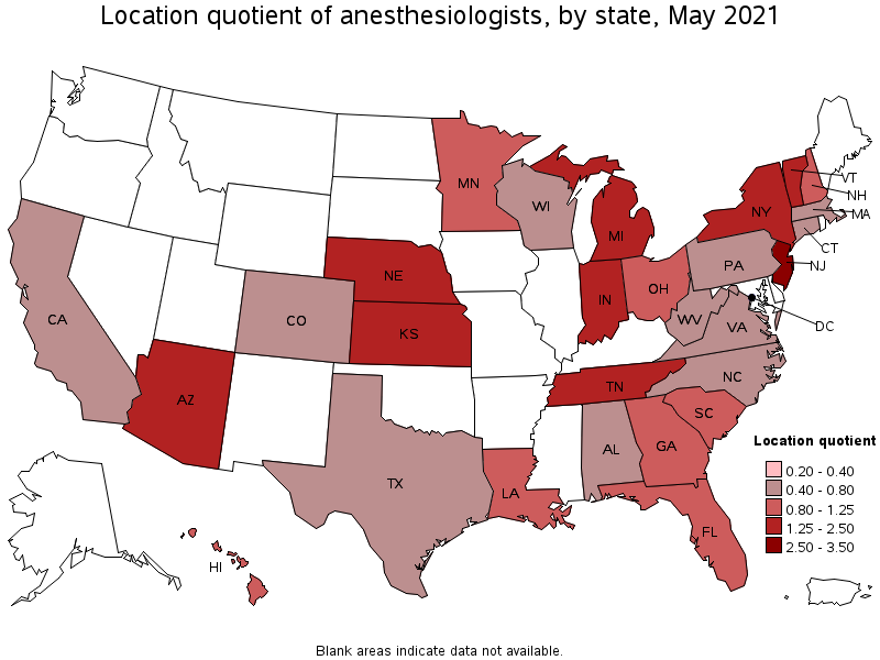 Map of location quotient of anesthesiologists by state, May 2021