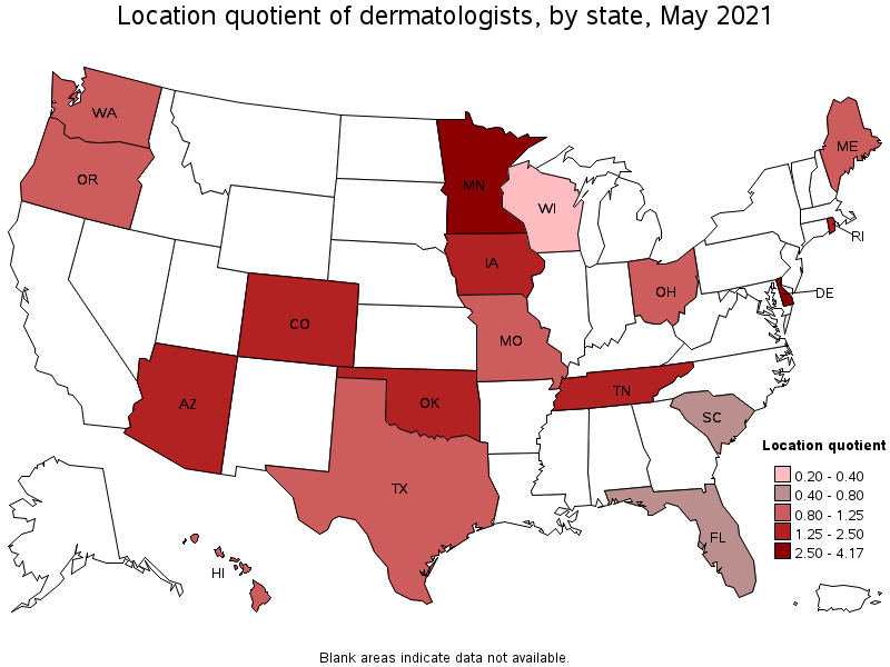 Map of location quotient of dermatologists by state, May 2021