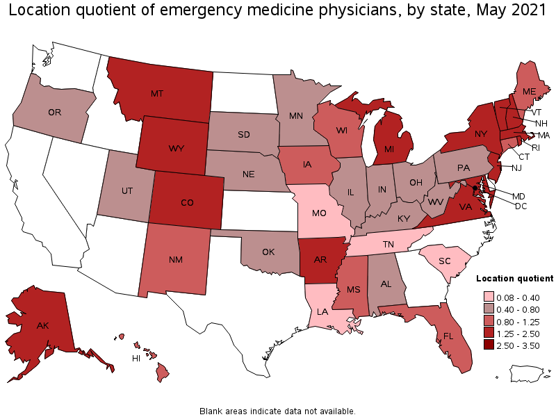 Map of location quotient of emergency medicine physicians by state, May 2021
