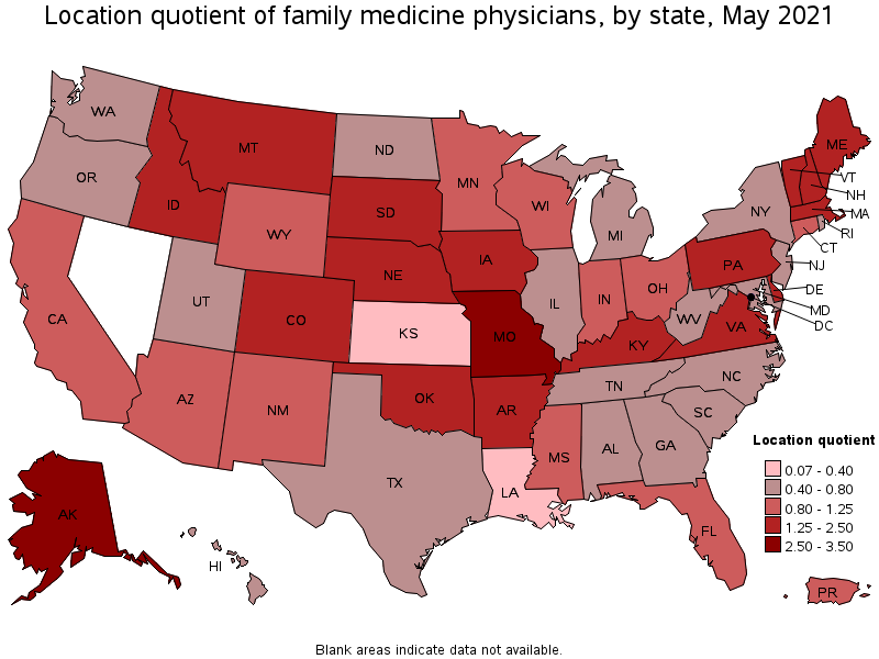 Map of location quotient of family medicine physicians by state, May 2021