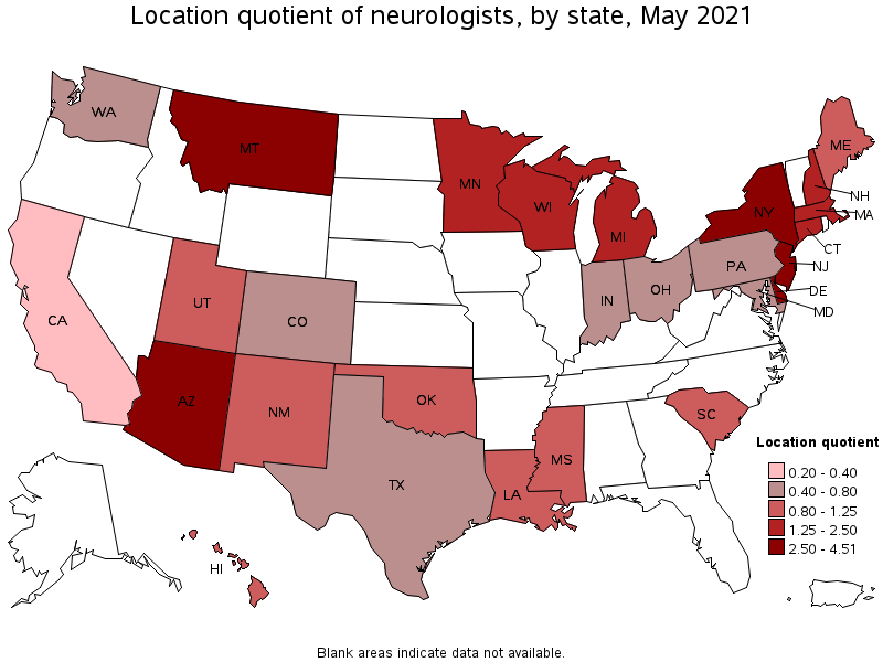 Map of location quotient of neurologists by state, May 2021
