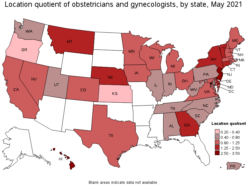 Map of location quotient of obstetricians and gynecologists by state, May 2021