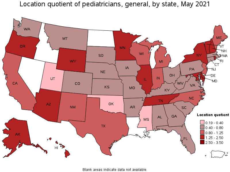 Map of location quotient of pediatricians, general by state, May 2021