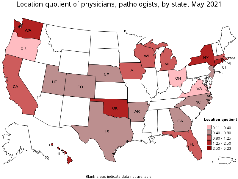Map of location quotient of physicians, pathologists by state, May 2021