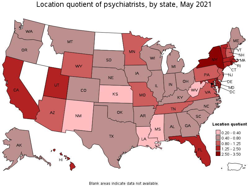 Map of location quotient of psychiatrists by state, May 2021