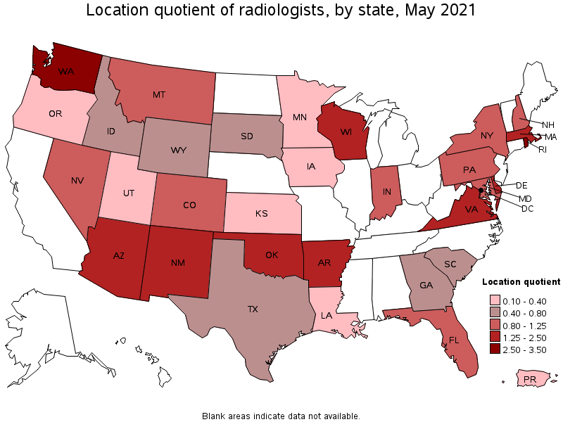 Map of location quotient of radiologists by state, May 2021