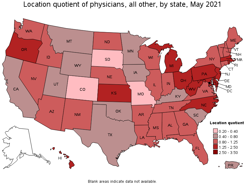 Map of location quotient of physicians, all other by state, May 2021