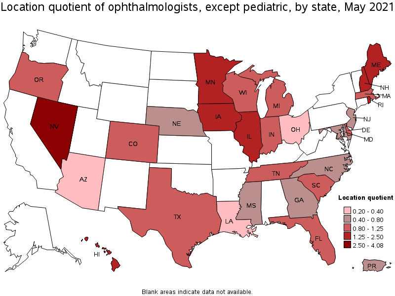 Map of location quotient of ophthalmologists, except pediatric by state, May 2021