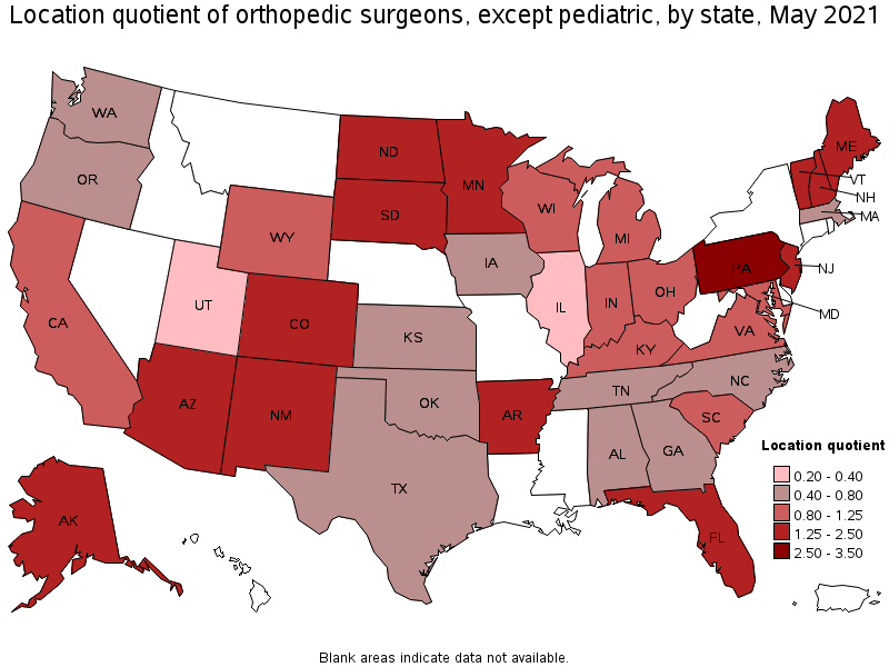 Map of location quotient of orthopedic surgeons, except pediatric by state, May 2021