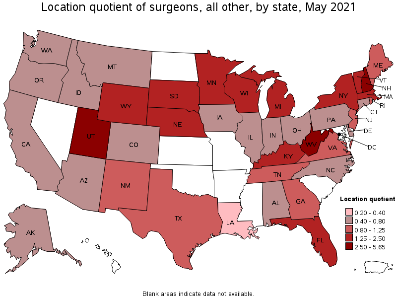 Map of location quotient of surgeons, all other by state, May 2021