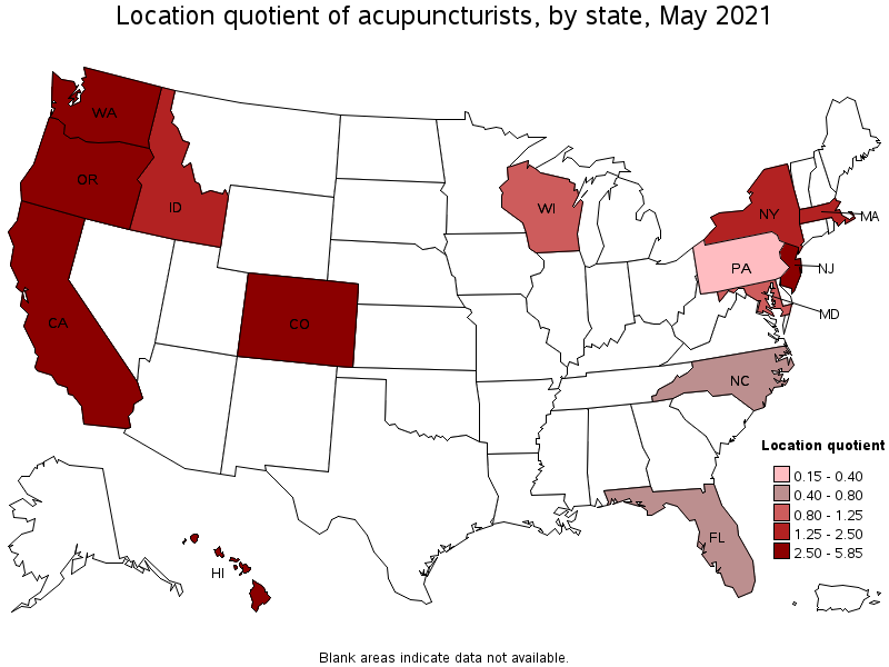 Map of location quotient of acupuncturists by state, May 2021