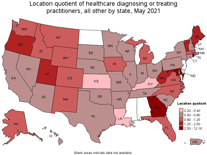 Map of location quotient of healthcare diagnosing or treating practitioners, all other by state, May 2021