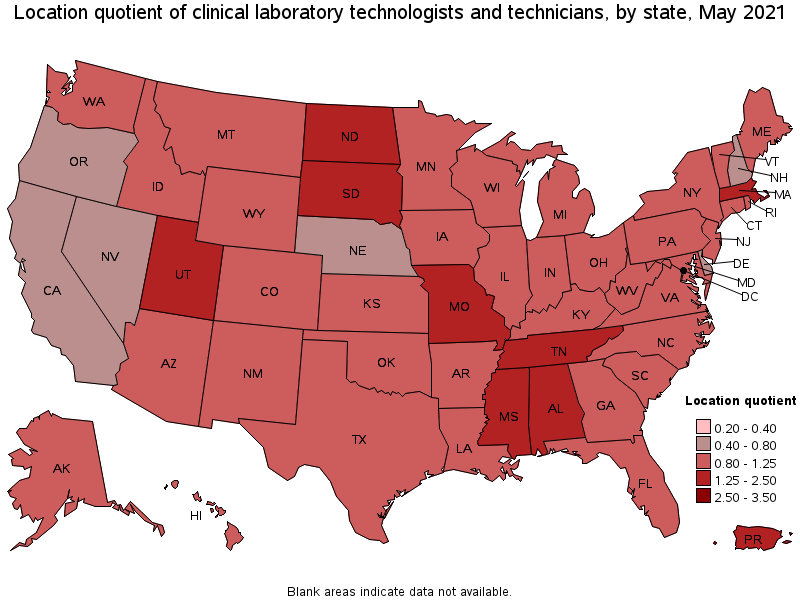 Map of location quotient of clinical laboratory technologists and technicians by state, May 2021