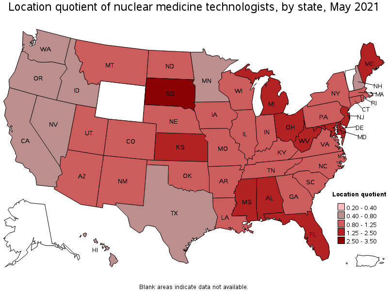 Map of location quotient of nuclear medicine technologists by state, May 2021