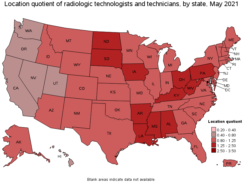 Map of location quotient of radiologic technologists and technicians by state, May 2021