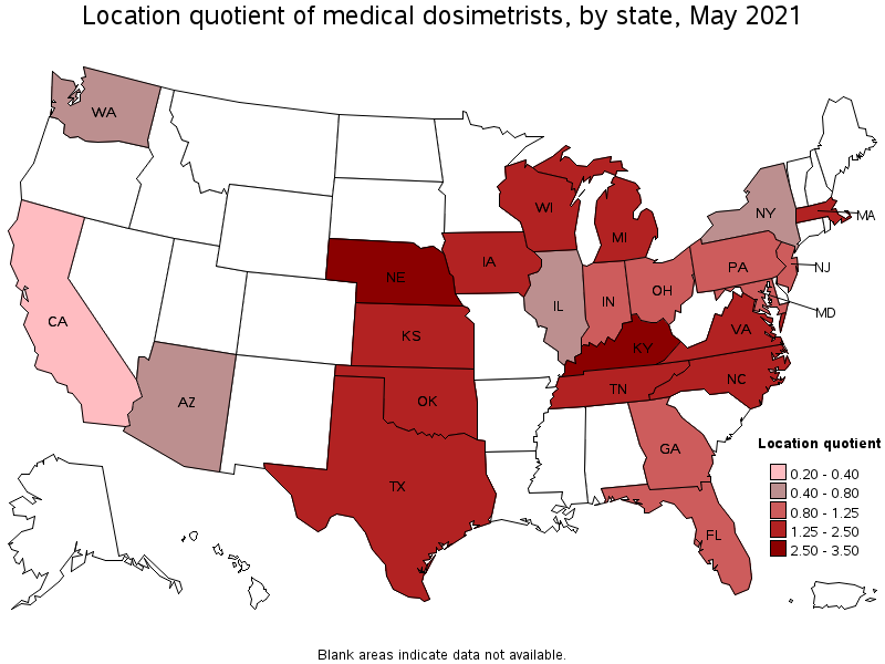 Map of location quotient of medical dosimetrists by state, May 2021