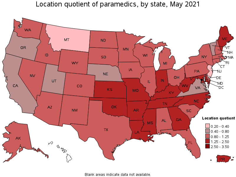 Map of location quotient of paramedics by state, May 2021