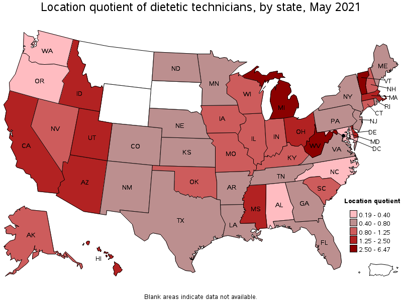 Map of location quotient of dietetic technicians by state, May 2021