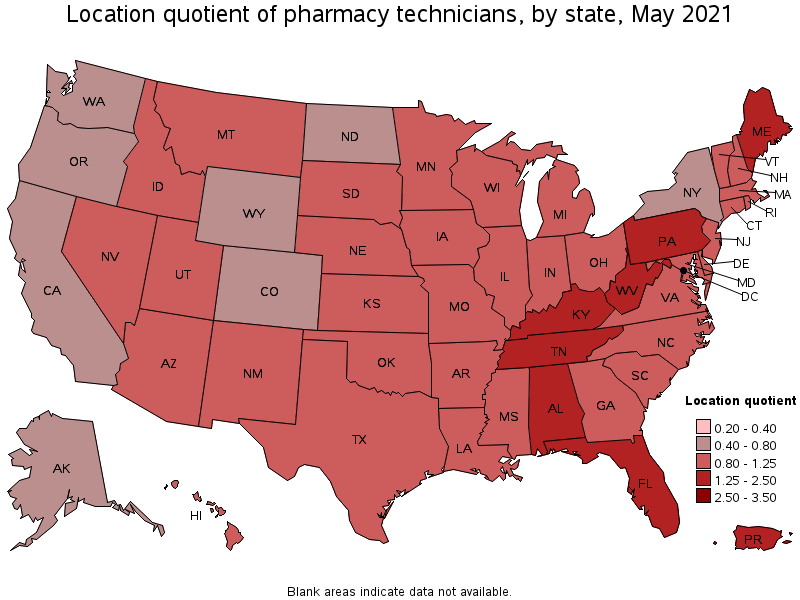 Map of location quotient of pharmacy technicians by state, May 2021