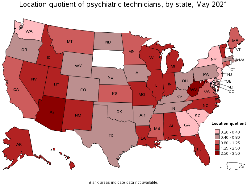 Map of location quotient of psychiatric technicians by state, May 2021