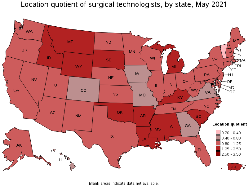 Map of location quotient of surgical technologists by state, May 2021