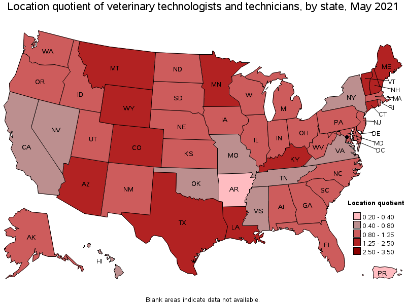 Map of location quotient of veterinary technologists and technicians by state, May 2021